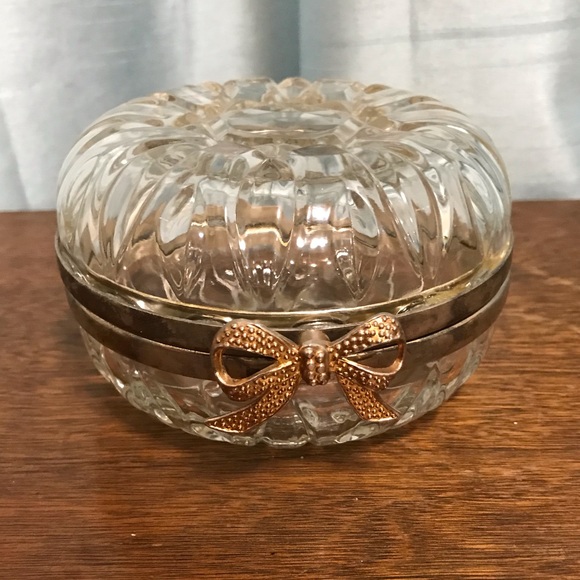 Other - Vintage Glass Hinged Jewelry Trinket Box With Bow Accent